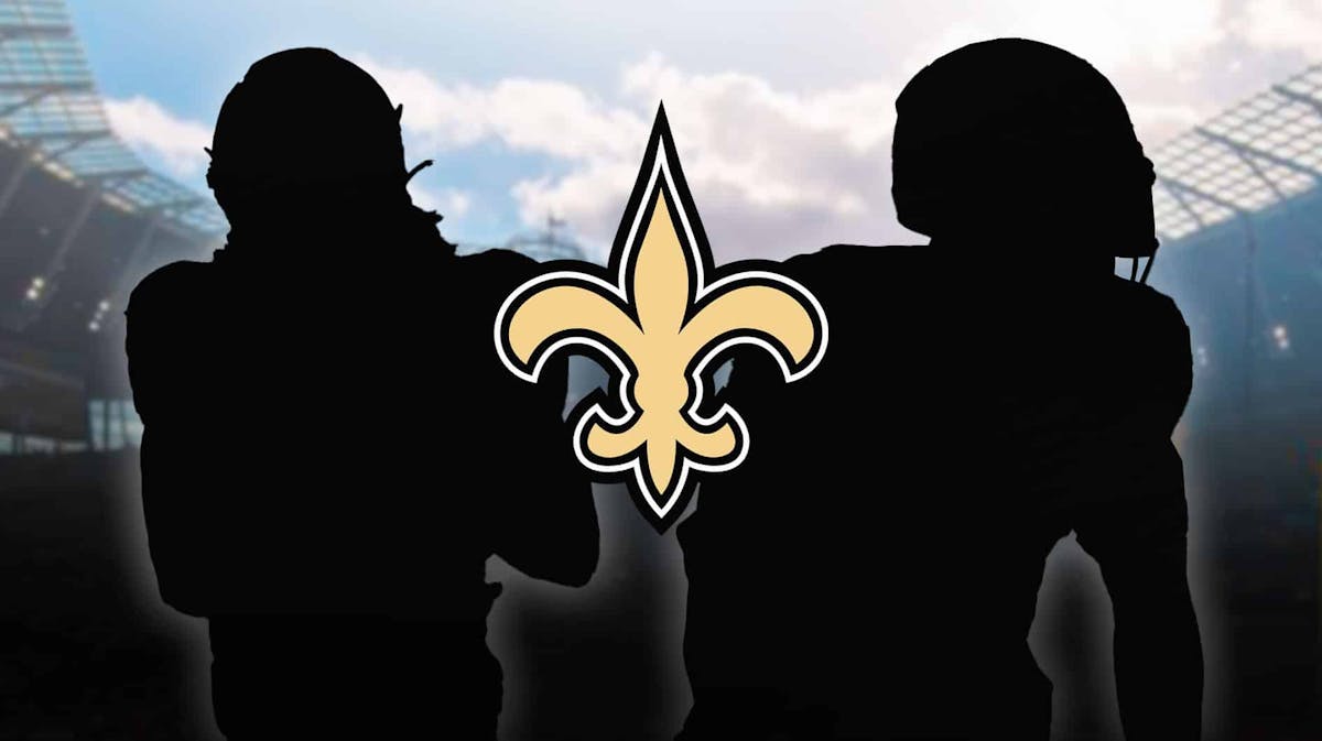 Silhouettes of Equanimeous St. Brown and Jesper Horsted with the Saints logo in the background
