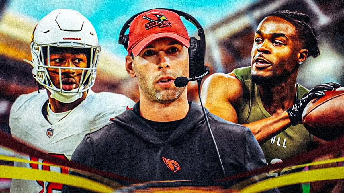 Coach Jonathan Gannon in the middle, BJ Ojulari, Max Melton, Zay Jones, Samson Ebukam around him, Arizona Cardinals wallpaper in the background