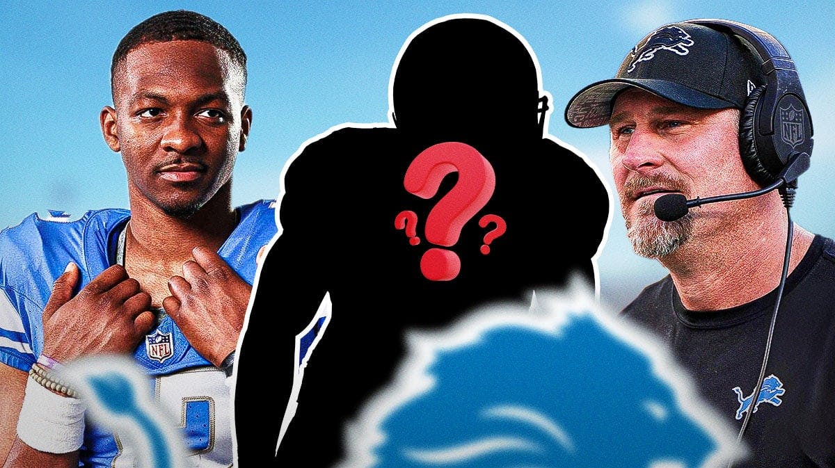 Detroit Lions head coach Dan Campbell with kicker Jake Bates, QB Hendon Hooker, and a silhouette of an American football player with a big question mark emoji inside. There is also a logo for the Detroit Lions.