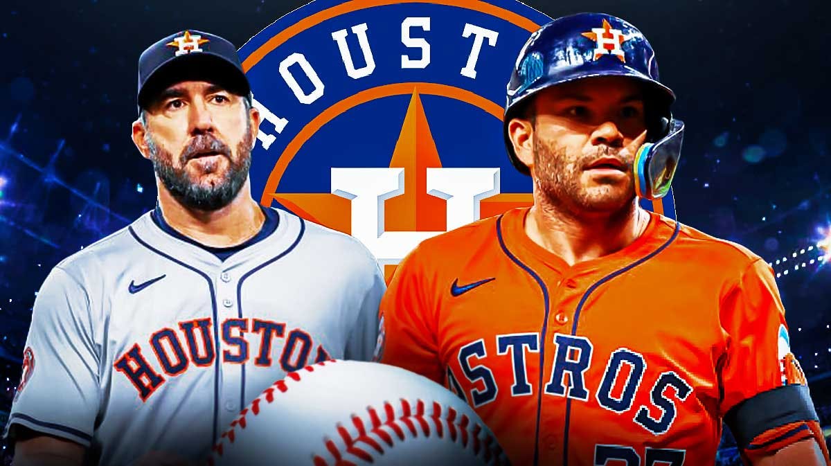 Justin Verlander, Jose Altuve next to Houston Astros logo