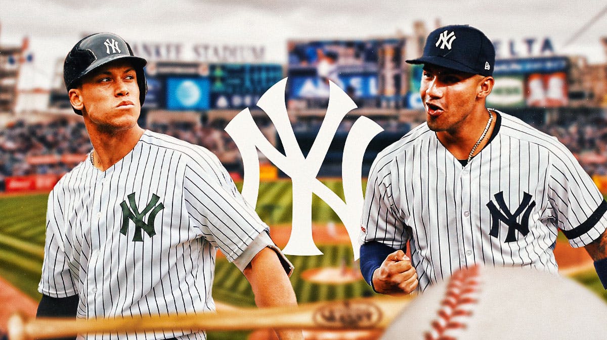 New York Yankees logo in center, New York Yankees outfielder Aaron Judge on left side, New York Yankees second baseman Gleyber Torres on right side, Yankee Stadium (home stadium of the New York Yankees) in background