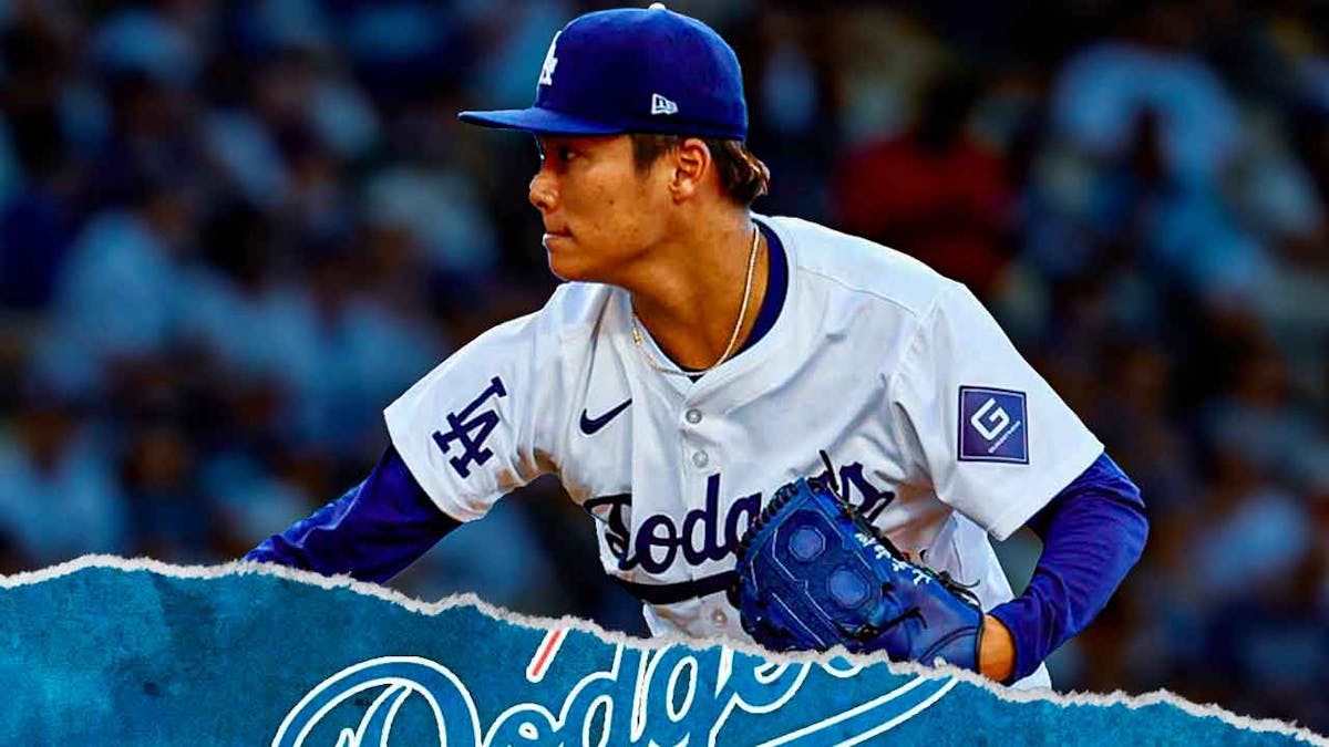 Los Angeles Dodgers logo on left side, Los Angeles Dodgers starting pitcher Yoshinobu Yamamoto on right side, Dodger Stadium (home stadium of the Los Angeles Dodgers) in background