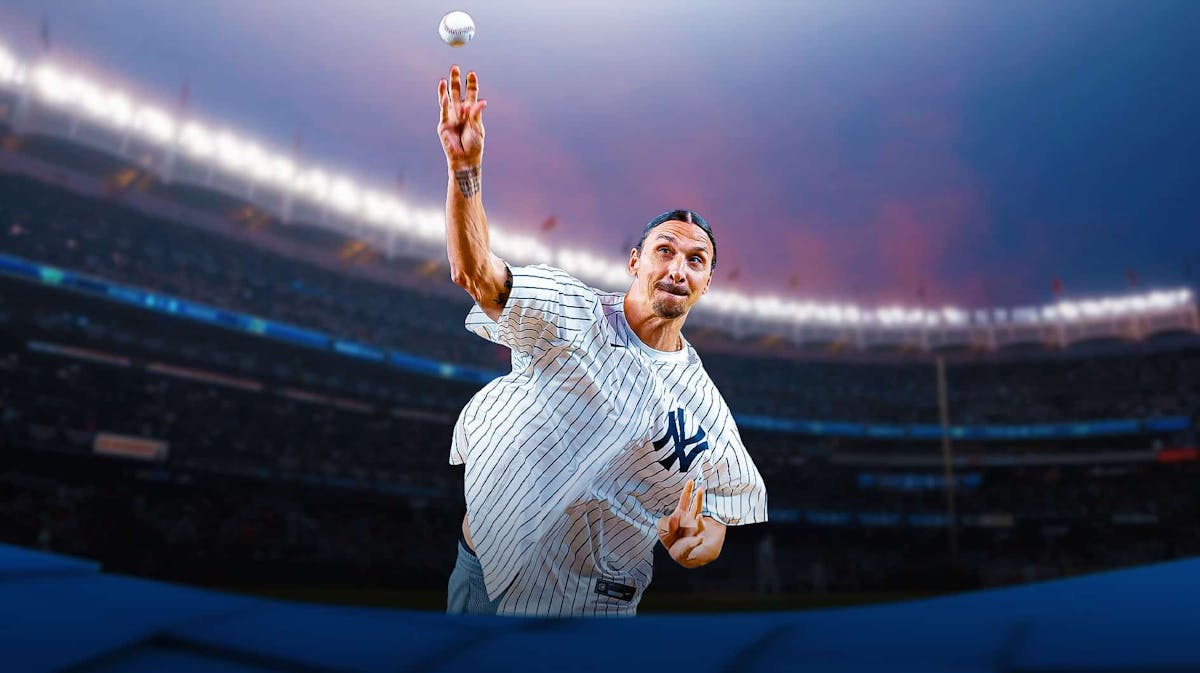 Zlatan Ibrahimovic wearing a Yankees uniform throwing first pitch