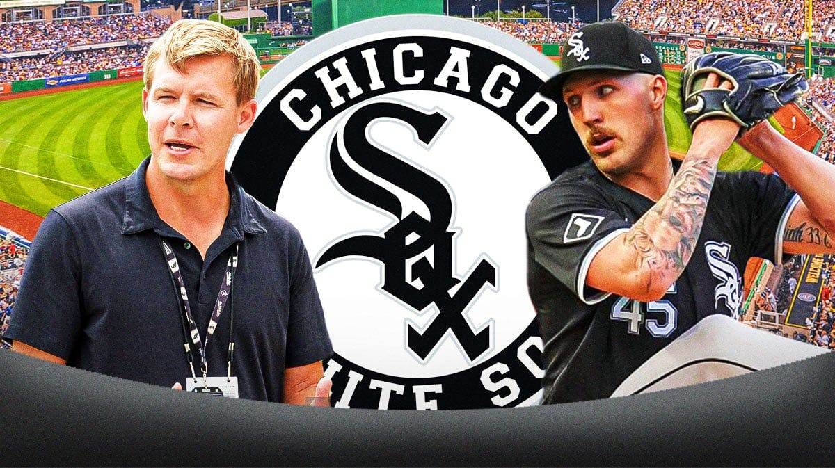 Garrett Crochet and Chris Getz in front of White Sox logo