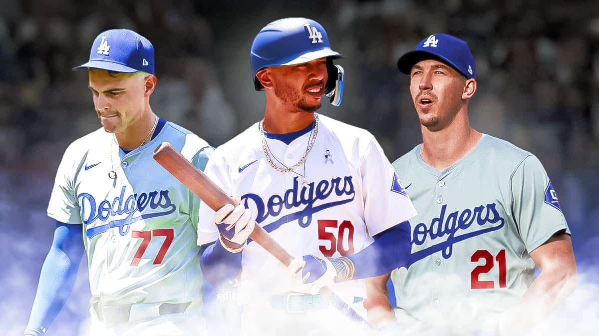 River Ryan, Mookie Betts, and Walker Buehler of the Dodgers. Dodger Stadium background