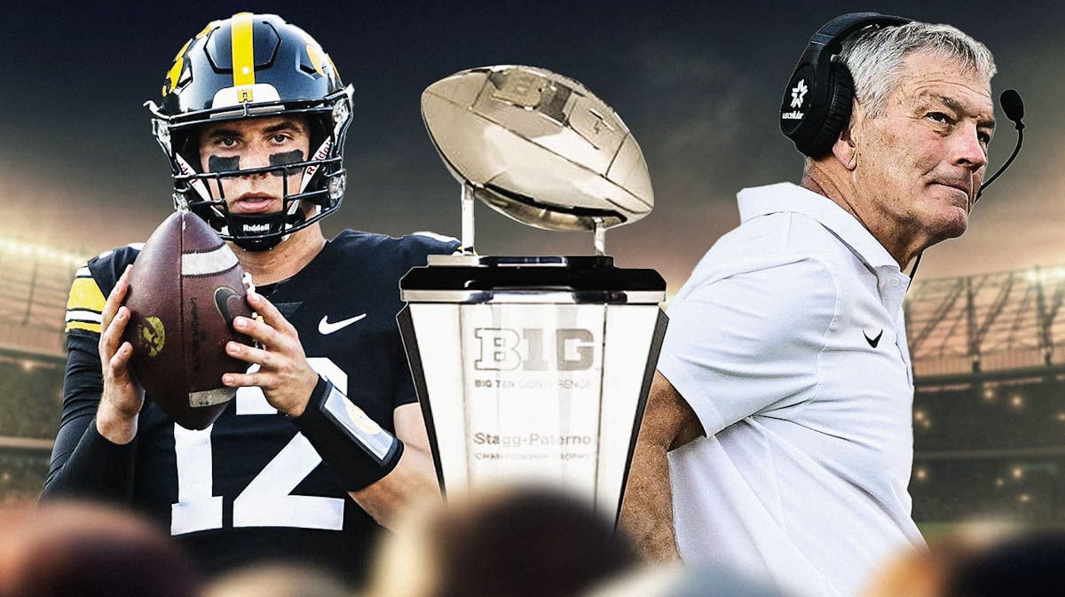 Iowa football, Hawkeyes, Kirk Ferentz, Iowa football predictions, 2024 Iowa football, Cade McNamara (in Iowa uni), Kirk Ferentz and Big Ten football trophy with Iowa football stadium in the background