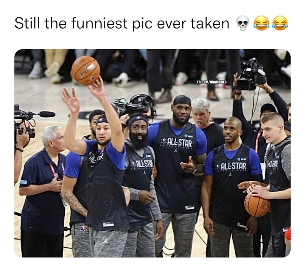 No one in the pic believed in his shot 😂😂 

 #bensimmons #lebron #cp3
