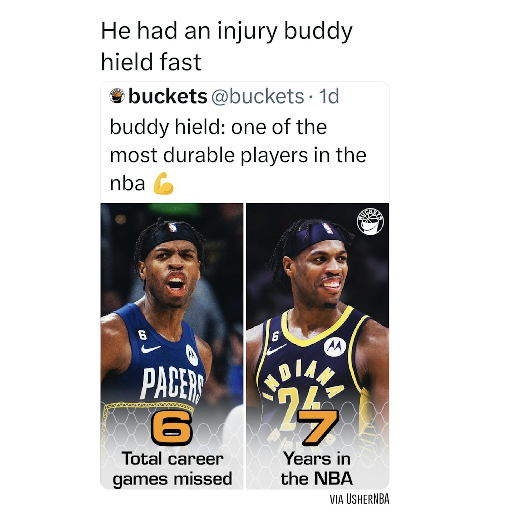 Pun aside, very impressive from Buddy Hield 

#BuddyHield #Hield #Pacers #NBA #nbamemes