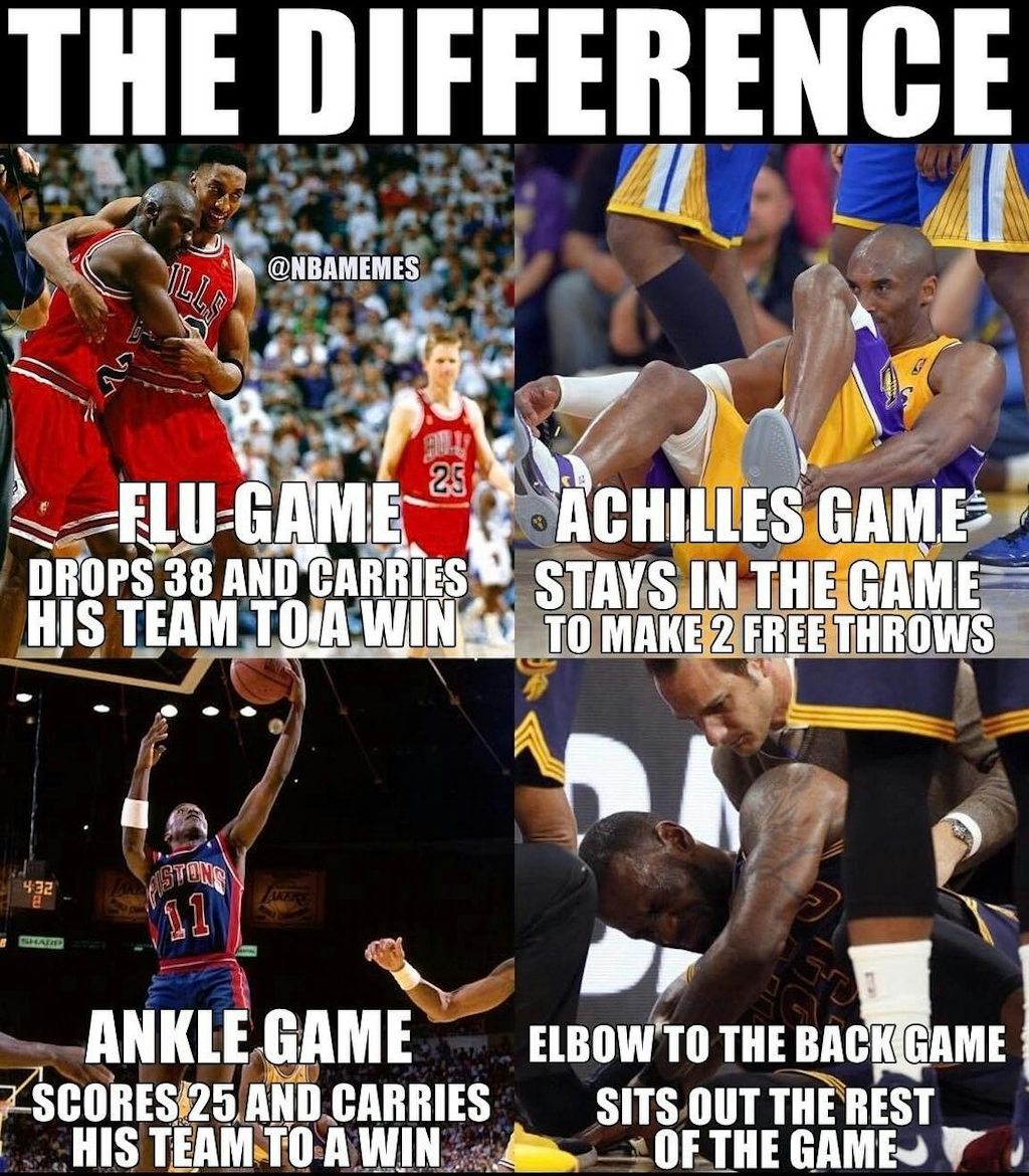 The difference.
...
#michaeljordan #lebron #kobe #flu #ankle #achilles #elbow #back #cavs #lakers #bulls #pistons #nba #meme #memes #funny #basketball #nbamemes
