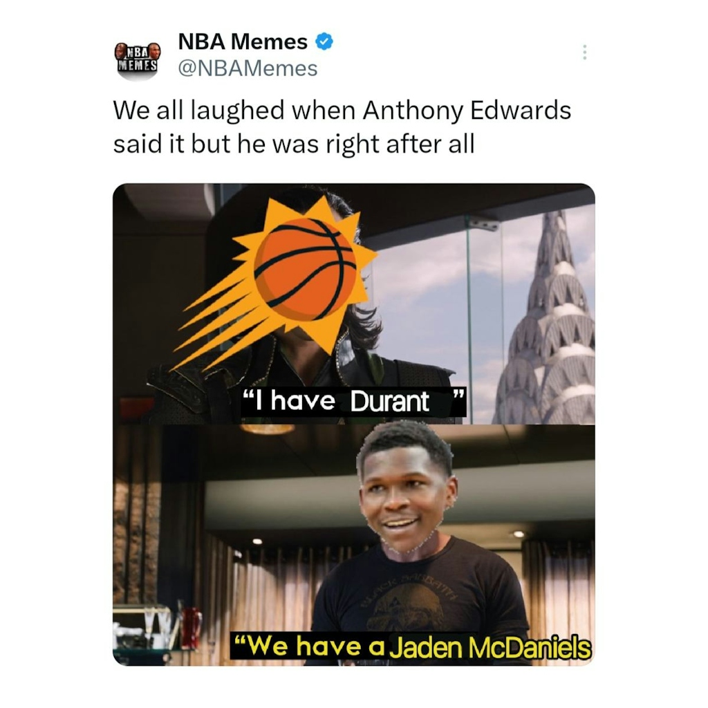 Jaden McDaniels had more points than both KD and Booker 🔥
#Suns #PheonixSuns #TWolves #JadenMcDaniels #nbamemes
