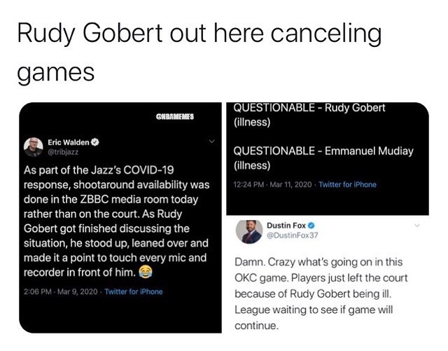 [WATCH] Jazz-Thunder game gets postponed as players head to locker rooms while fans boo (FULL story in link in bio)
-
Follow @nbamemes_official!
-
#nba #basketball #rudygobert #jazz #coronavirus