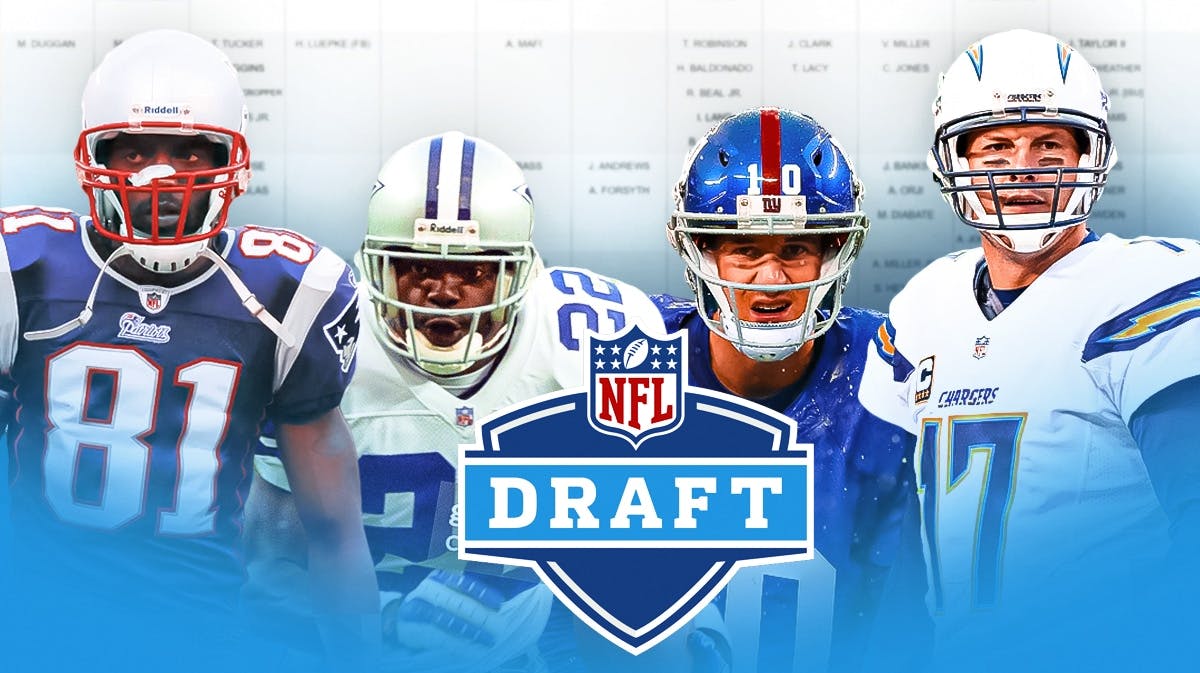 Randy Moss (Patriots), Emmitt Smith (Cowboys), Phillip Rivers (Chargers), Eli Manning (Giants). Background is an NFL Draft board and in the front is NFL Draft logo. Arrows pointing every which way around the graphic.