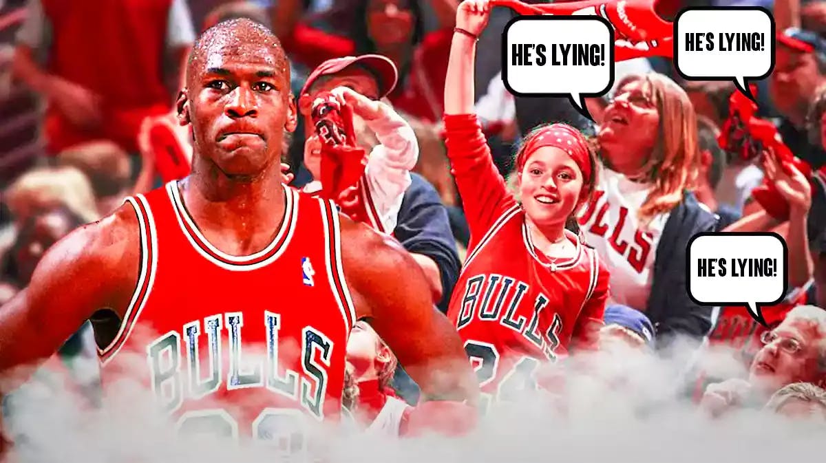 Michael Jordan on one side, a bunch of Bulls fans on the other side with a speech bubble that says “He’s lying!”, a bunch of shocked emojis in the background