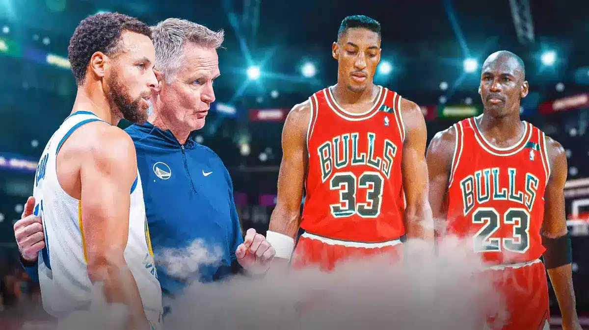 Steve Kerr and Stephen Curry (Warriors) on one side and Michael Jordan and Scottie Pippen of the Bulls on the other side