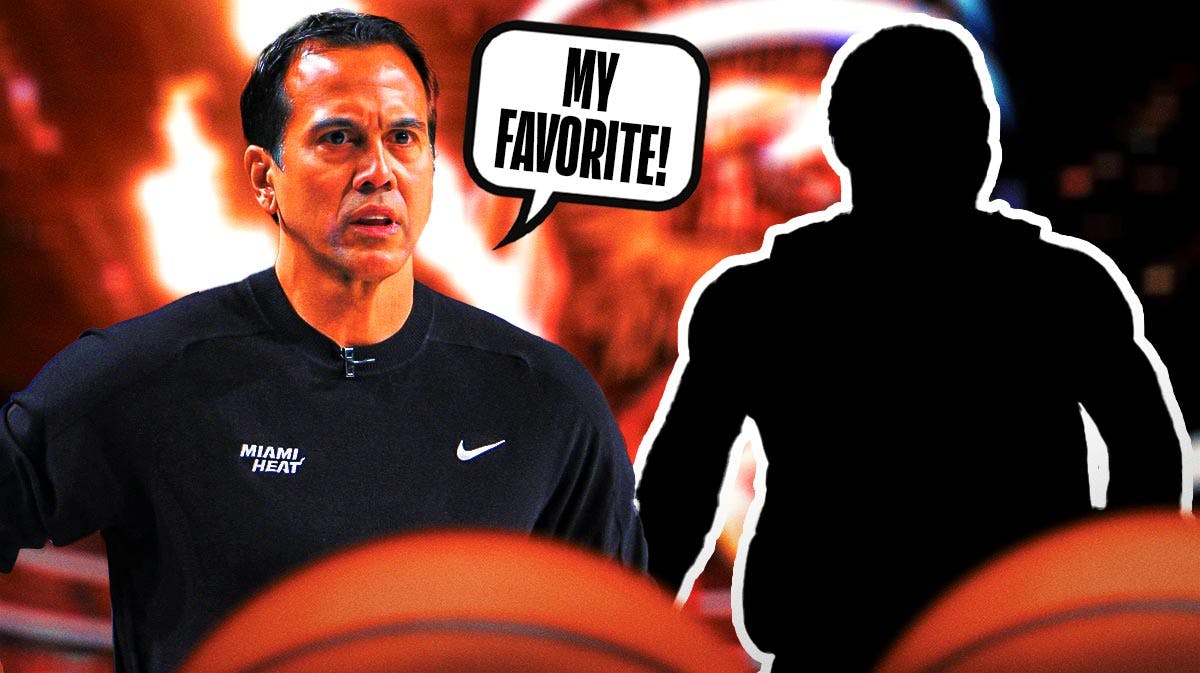 Heat coach Erik Spoelstra saying "My favorite!" to a silhouette of Udonis Haslem