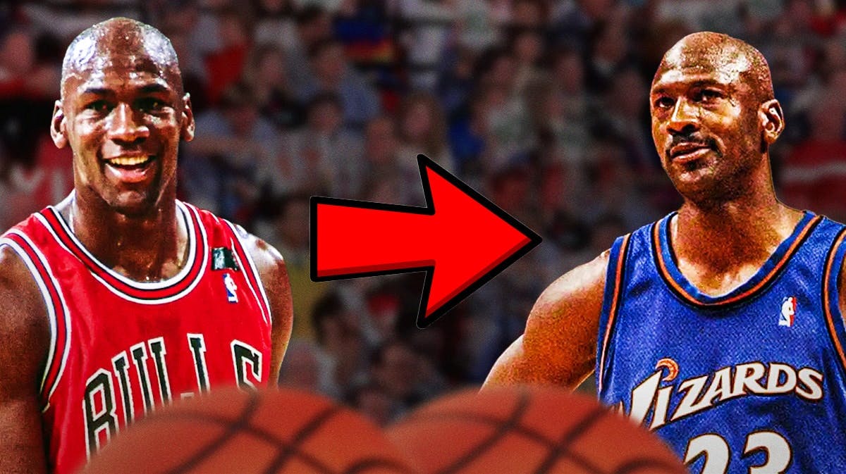 Michael Jordan in a Bulls jersey with a red arrow pointing at him in a Wizards jersey