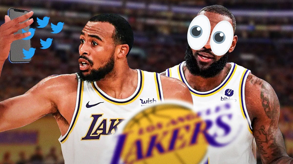 Talen Horton-Tucker holding a phone with Twitter logos coming out of it, LeBron James looking at him with bulging eyes