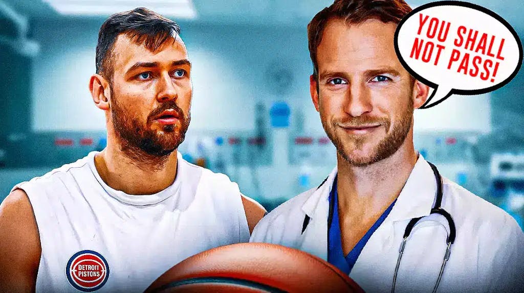 Donatas Motiejunas in a Pistons jersey with question marks around his head and a doctor saying to him, “You shall not pass!”