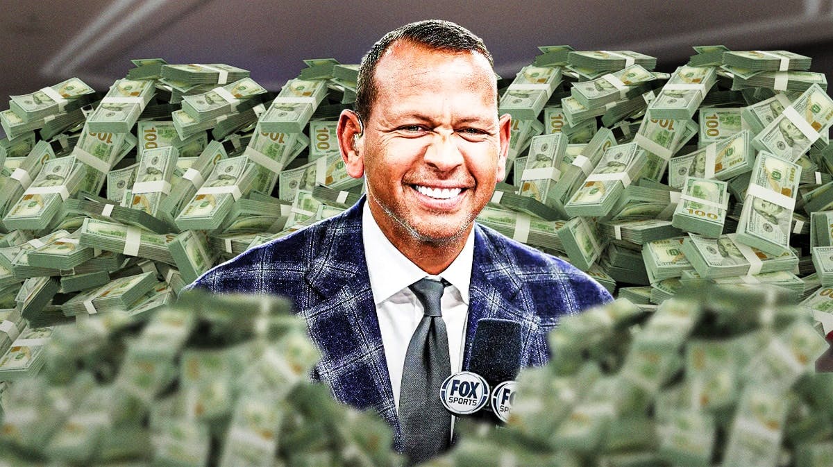 Alex Rodriguez surrounded by piles of cash.