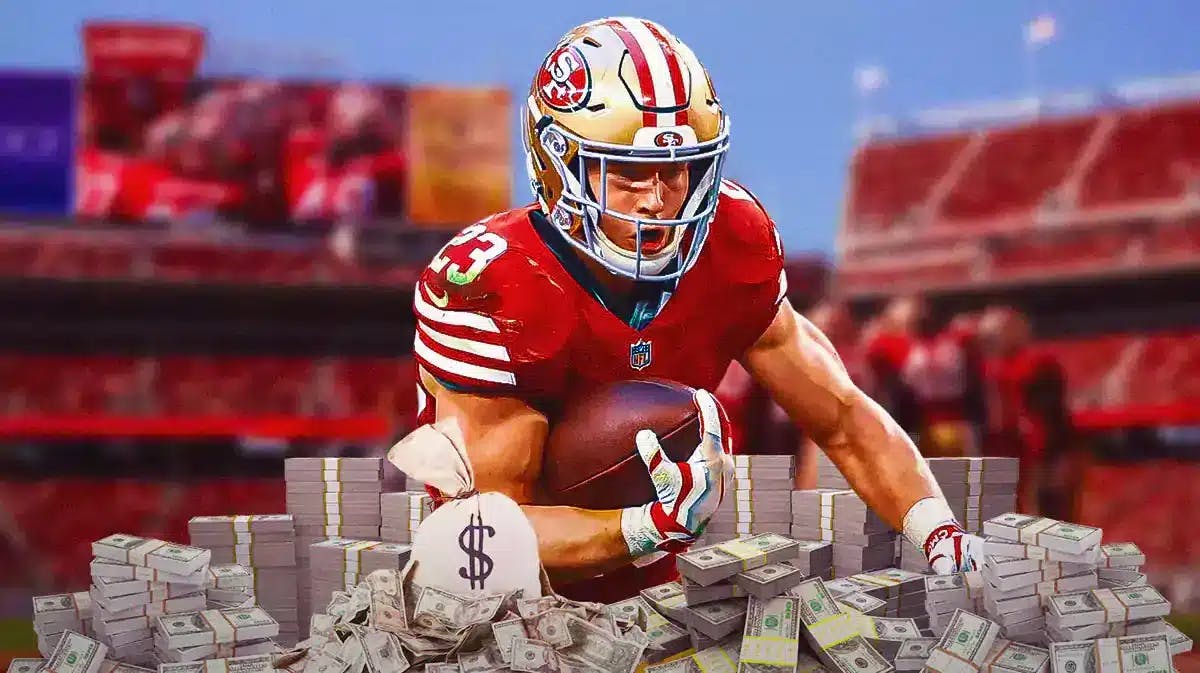 Christian McCaffrey surrounded by piles of cash.