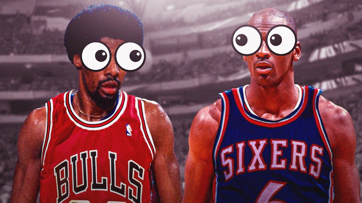 Michael Jordan in an 80s era Sixers jersey and Dr. J in an 80s era Bulls jersey both with cartoon eyes popping.
