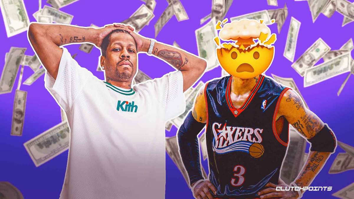 Allen Iverson holding his head (this AI in street clothes). Another Iverson in his Philadelphia 76ers uniform, but his head is a mind-blown emoji with money in the background.