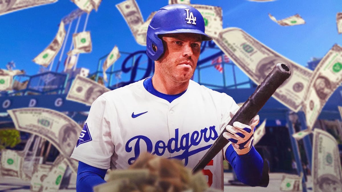 Freddie Freeman surrounded by piles of cash.