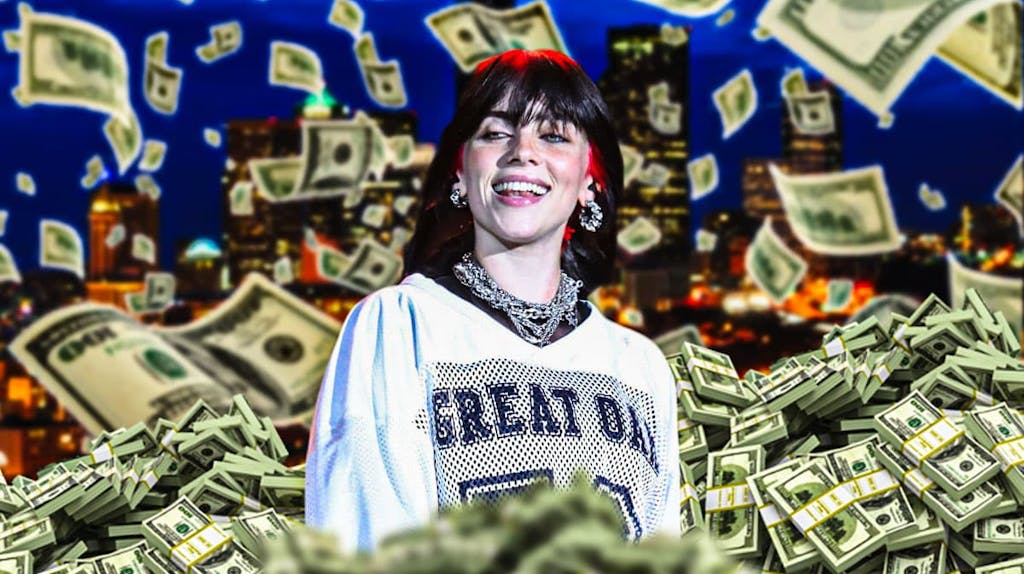 Billie Eilish surrounded by piles of cash.