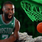 Jaylen Brown surrounded by piles of cash.