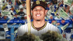 Manny Machado surrounded by piles of cash.