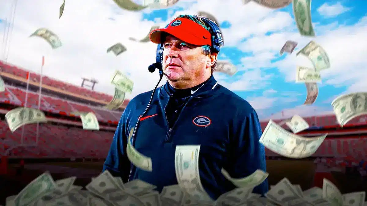 Georgia football coach Kirby Smart surrounded by piles of cash.
