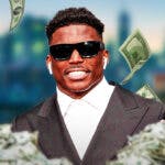 Tyreek Hill surrounded by piles of cash.