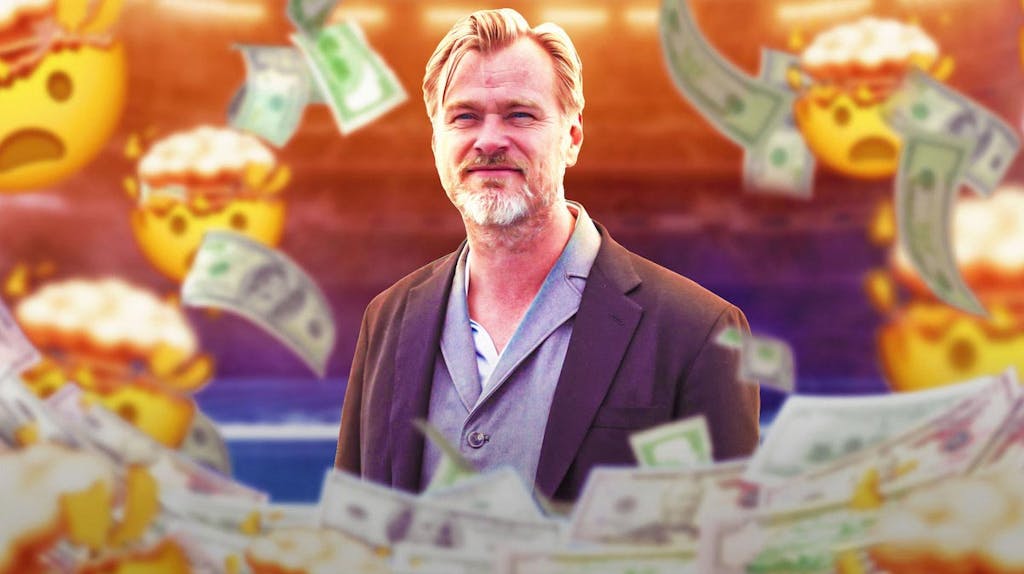 Christopher Nolan surrounded by piles of cash.