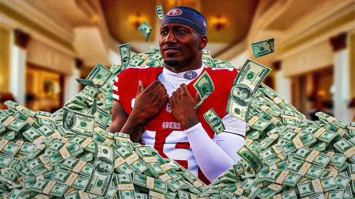 Deebo Samuel surrounded by piles of cash.