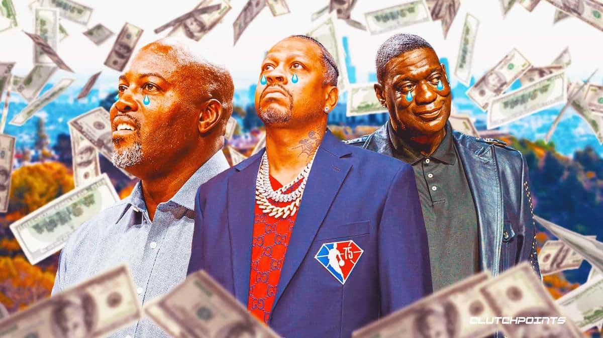 Former NBA players Glen Rice, Allen Iverson and Shawn Kemp with tears and money raining down on them.