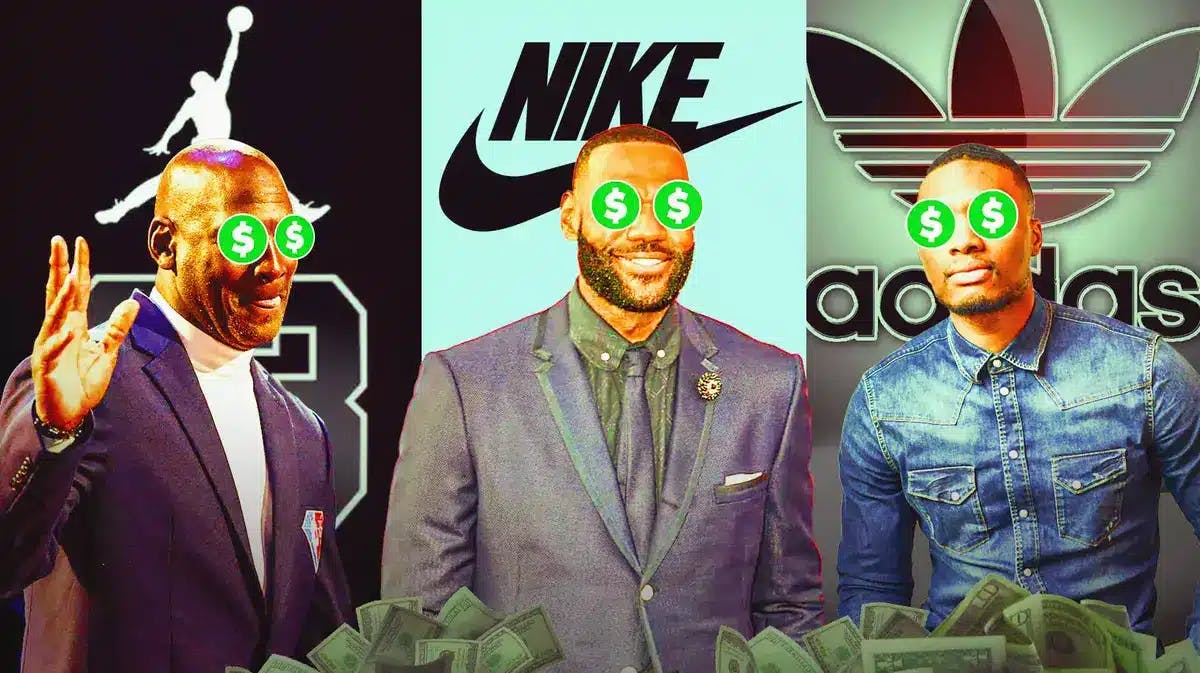 Michael Jordan, LeBron James and Damian Lillard with dollar signs in their eyes.