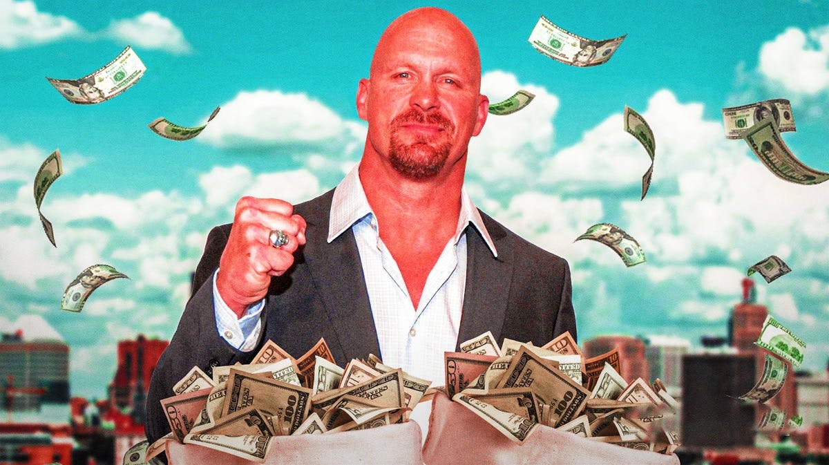 Steve Austin surrounded by piles of cash.