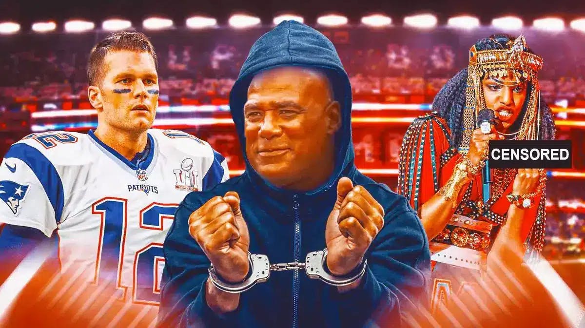 Eugene Robinson in handcuffs, Tom Brady, and M.I.A. making an obscene gesture.