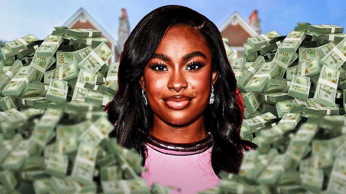 Coco Jones surrounded by piles of cash.