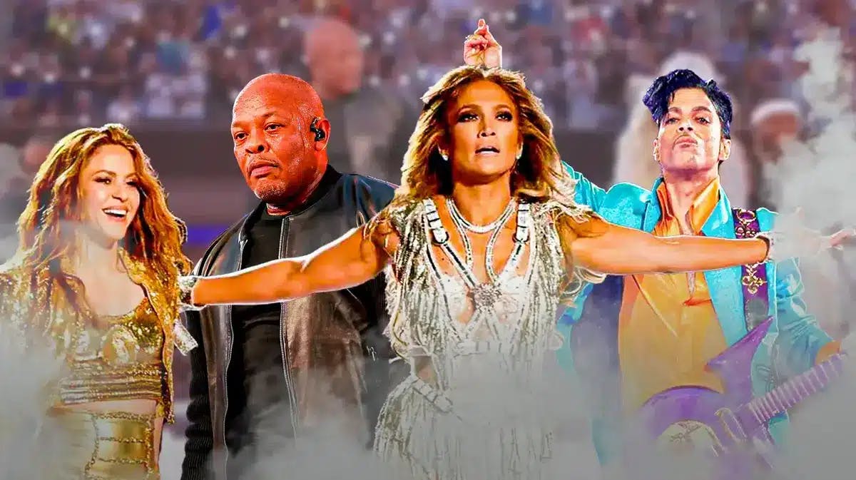 Jennifer Lopez and Shakira, Dr. Dre, and Prince.