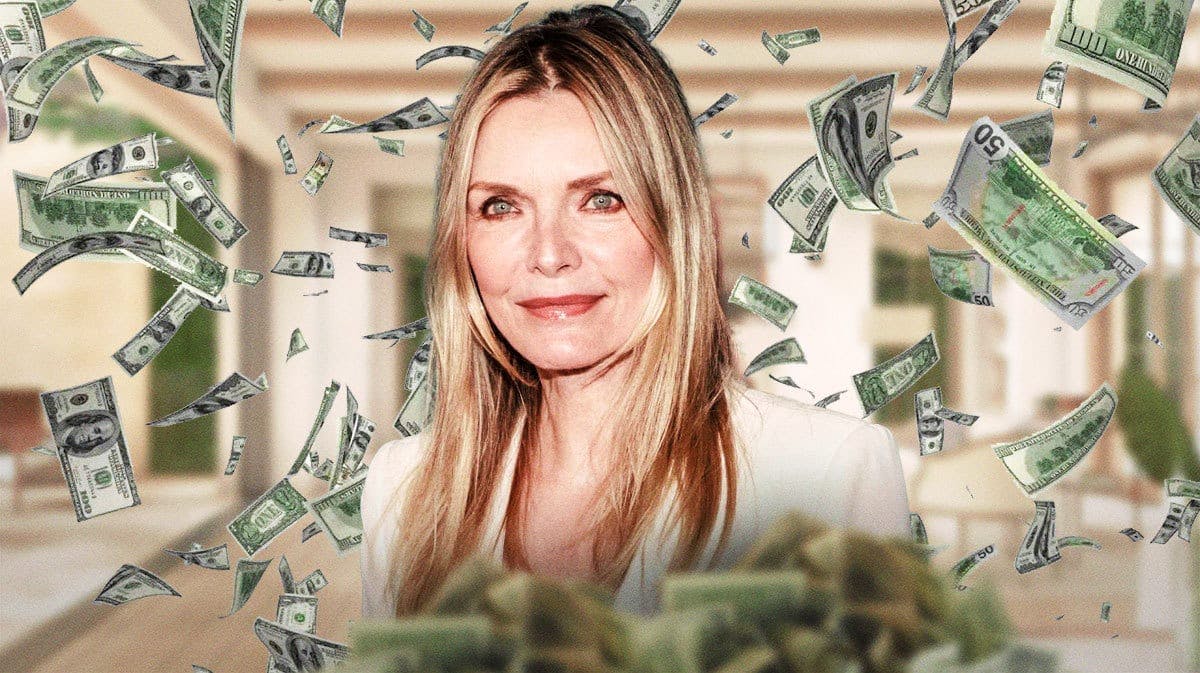 Michelle Pfeiffer surrounded by piles of cash.