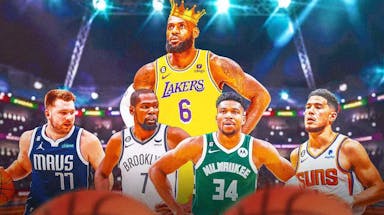 Luka Doncic, Kevin Durant, Giannis Antetokounmpo and Devin Booker in front of LeBron James wearing a crown.