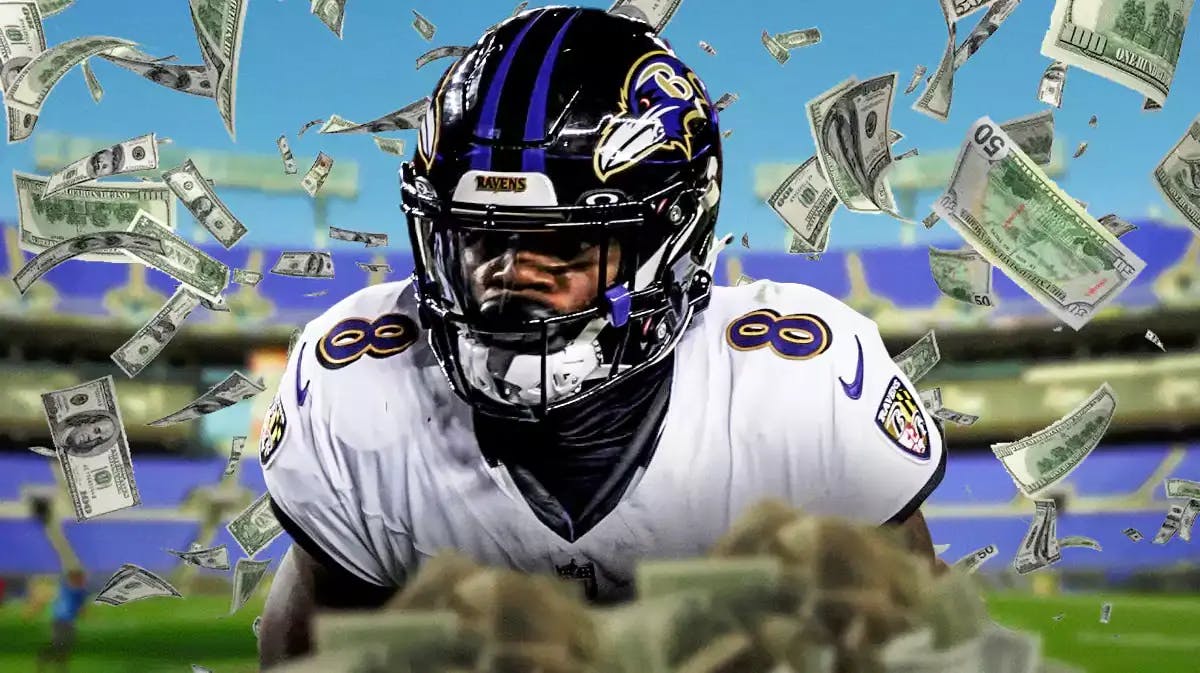 Lamar Jackson surrounded by piles of cash.