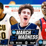 Troy Daniels (VCU), Doug Edert (Saint Peters), Johnell Davis (Florida Atlantic) all together. March Madness bracket as the background and March Madness logo in front. Cartoon Cinderella in the background behind all of the players