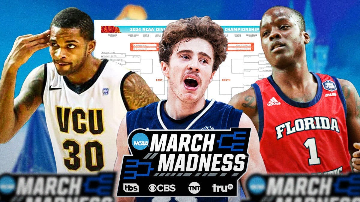 Troy Daniels (VCU), Doug Edert (Saint Peters), Johnell Davis (Florida Atlantic) all together. March Madness bracket as the background and March Madness logo in front. Cartoon Cinderella in the background behind all of the players