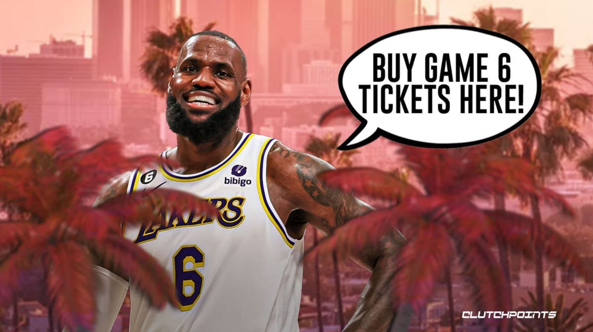LeBron James with an LA background with a text bubble saying "buy game 6 tickets here."