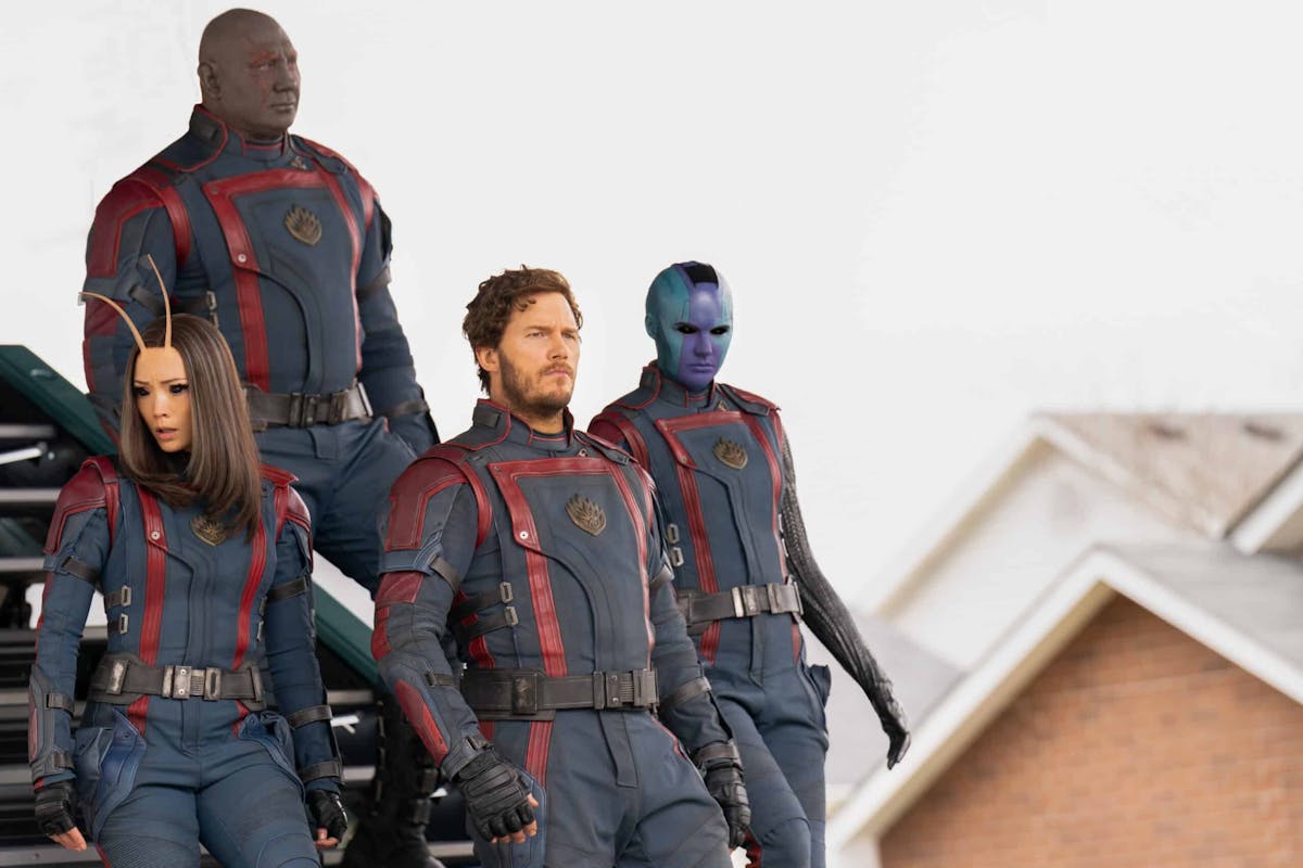 Mantis (Pom Klementieff), Drax (Dave Bautista), Peter Quill (Chris Pratt), and Nebula (Karen Gillan) in Guardians of the Galaxy Vol. 3