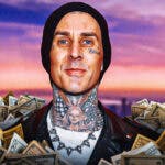Travis Barker surrounded by piles of cash.