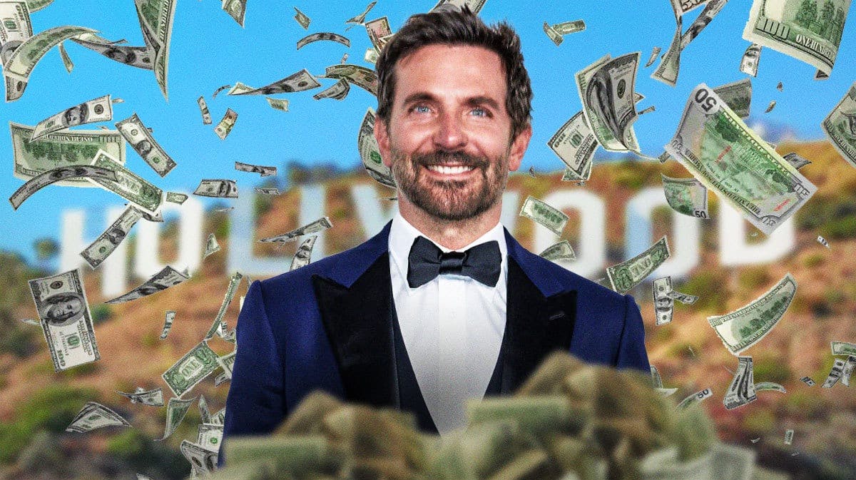 Bradley Cooper surrounded by piles of cash.