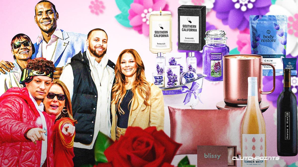 Athletes LeBron James, Stephen Curry, and Patrick Mahomes embracing their Mothers with some gifts surrounding them on a pink background.